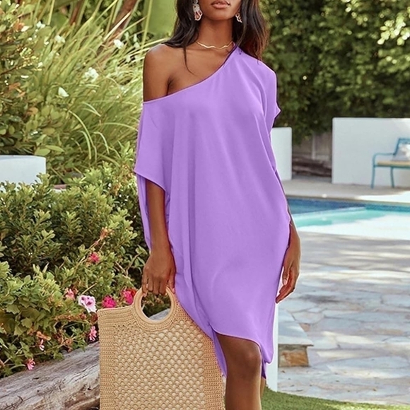 None Other - Purple‎ Off-Shoulder Swim Cover-Up | Loose Fit Beach Dress